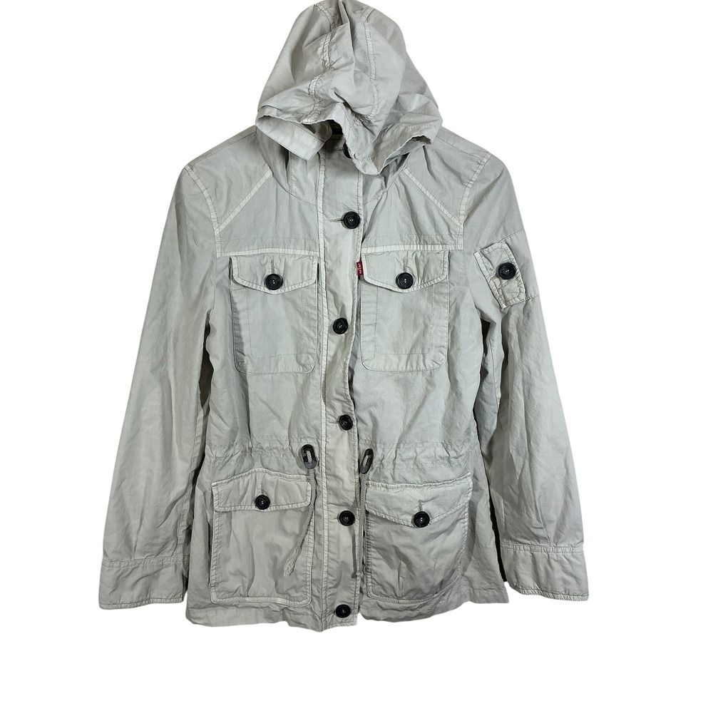 Levis Womens Utility Field Jacket Beige Hooded Millitary Coat Size M